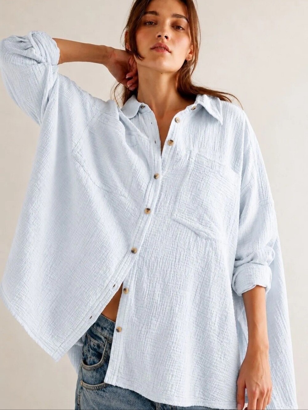 NWOT Free People Light Blue Gauze Button-Up Shirt